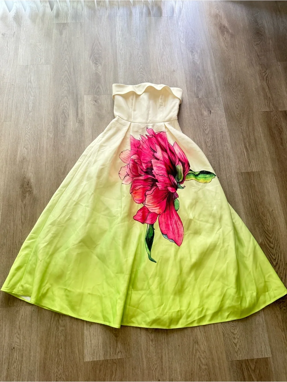elliatt elisia green & pink floral print strapless satin maxi gown dress small - Picture 8 of 13